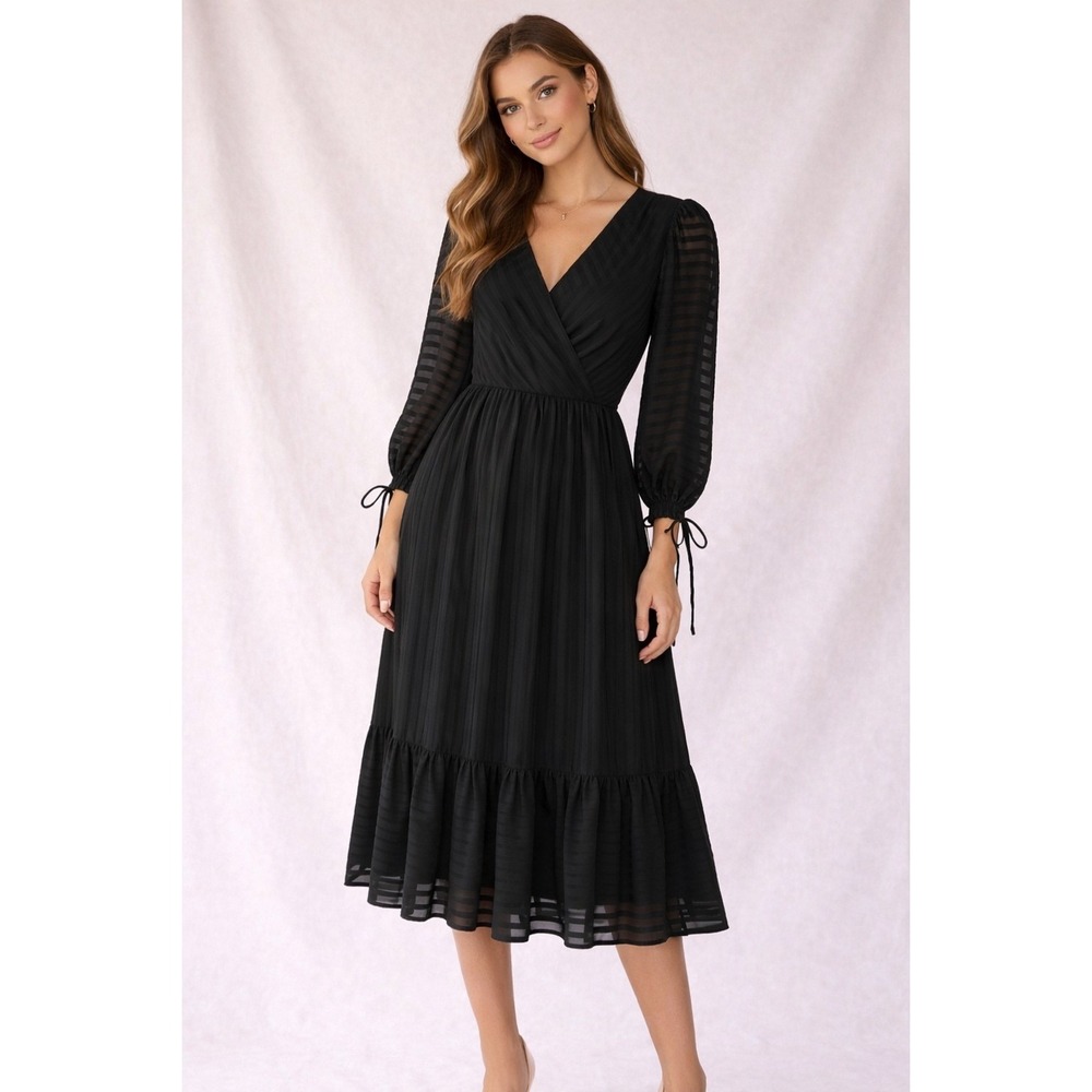 Designers Remix Corinne Black Wrap Midi Dress Sheer Striped Sleeves Size 34 NWT